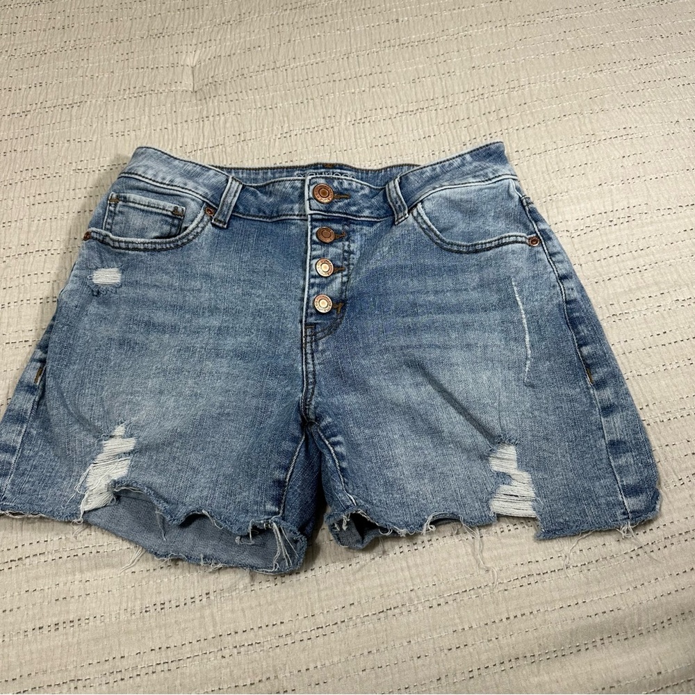 Maurices Light Blue Distressed Button-Front Denim Shorts